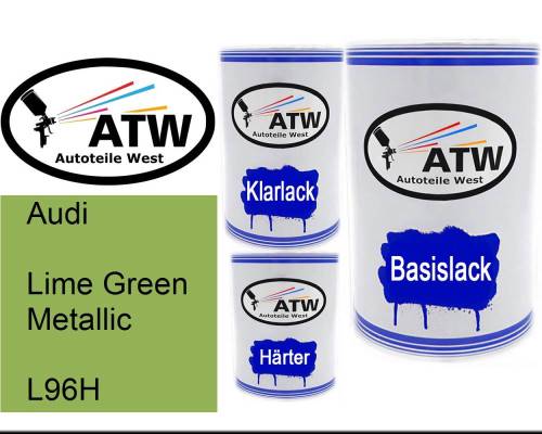 Audi, Lime Green Metallic, L96H: 500ml Lackdose + 500ml Klarlack + 250ml Härter - Set, von ATW Autoteile West.